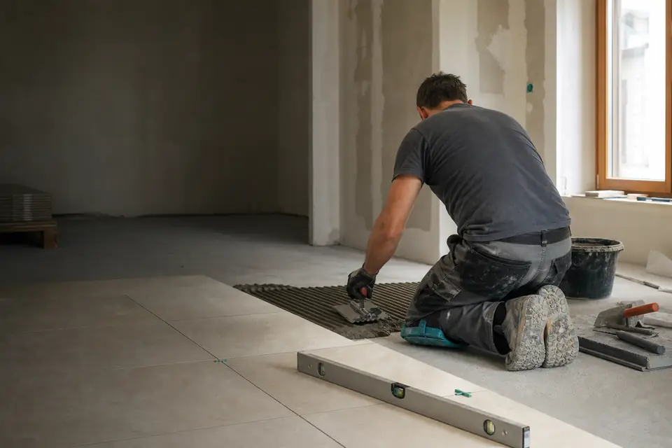 Carreleur posant un carrelage au sol avec spatule crantée sur un chantier en Suisse romande
